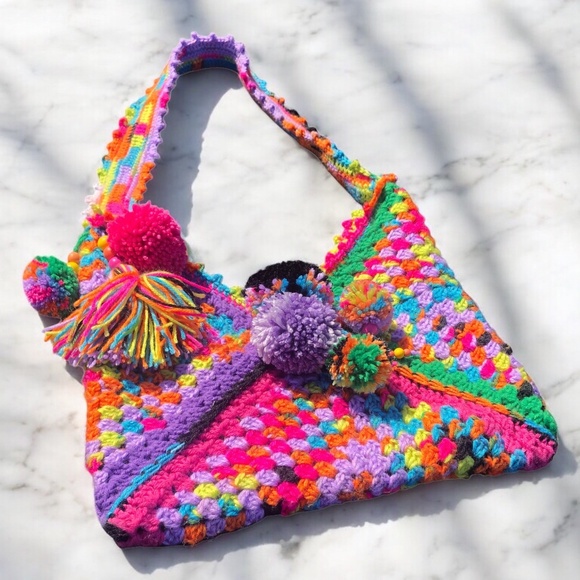 Whimsical Crochet Crossbody Bag–Bold Colors + Boho Charm Pom Pom & Tassels - Picture 1 of 16